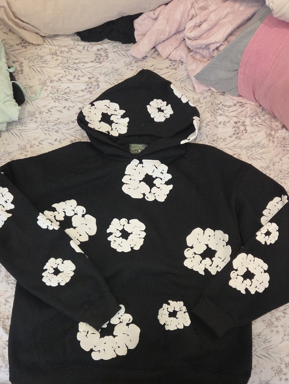 Floral Cluster Black Hoodie with White Print